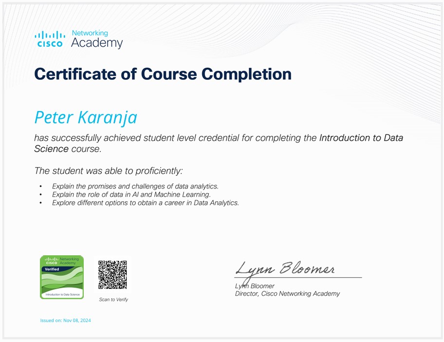 Introduction To Data Science issued by Cisco