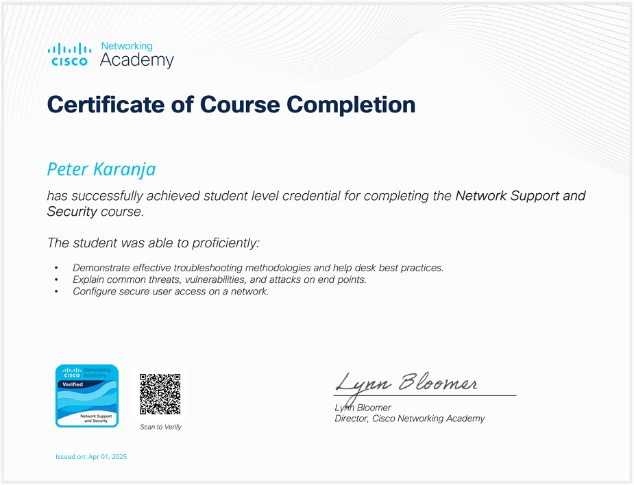 Network Support and Security issued by Cisco