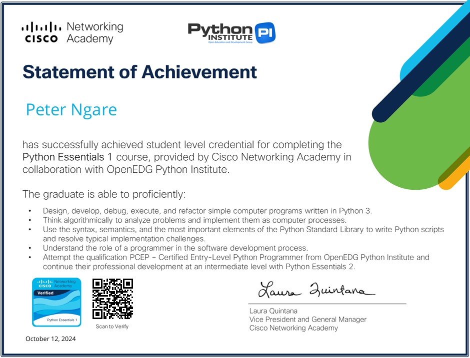 Python Essentials 1 issued by Cisco