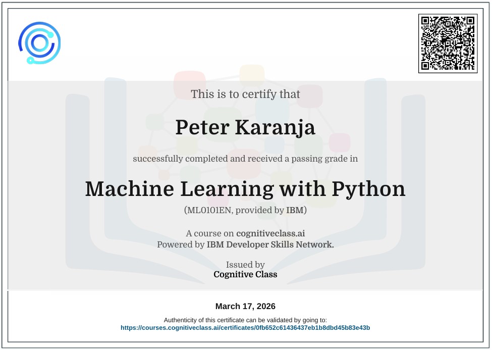 Machine Learning with Python issued by IBM